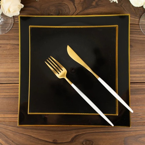 10 Concave 8 in Square Disposable Salad Dinner Plastic PLATES Gold Trim Party - Picture 8 of 33