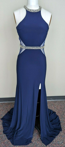 Navy Halter Long Dress Size 6 Beaded Gown Cut-Out Jersey Leg Slit Sz 6 - Picture 2 of 5