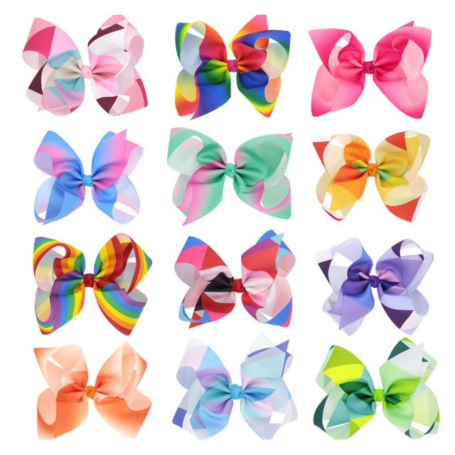 8inch Girl Rainbow Bows Hair Clip large rib Grosgrain Ribbon Bow Hairpin Baby IL
