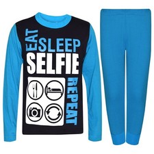 Kids Girls Boys Blue Eat Sleep Selfie Repeat Pajamas Lounge Wear PJS 2-13 Years