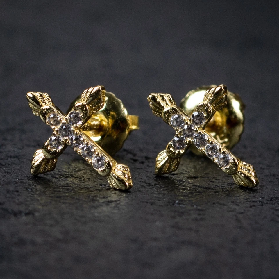 Mini aretes cruzados unisex enchapados en oro de 14K pequeños de plata esterlina circonita helada Foto 4 de 4
