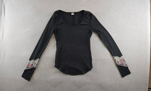We The Free Long Sleeve Bandana Cuff Thermal Top Free People Sz M Black Boho