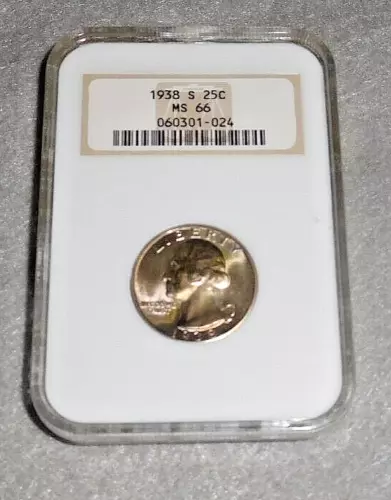 1938 S MS 66 NGC Uncirculated Silver Washington Quarter Toned Toning Old Holder