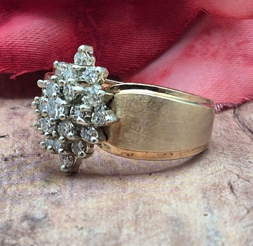 ZALES 14K Gold Wide Band 23 Dimond Cluster Ring Size 6.5 Signed JTC 969 6.61GTW - Picture 6 of 10