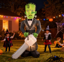 8FT Green Halloween Inflatables Blow Up Chainsaw Frankenstein  Scary Green Mons