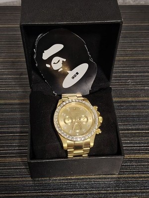 A BATHING APE BAPEX Type 4 Quarz Armbanduhr Goldfarben mit Box Getestet