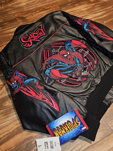 NEW Vintage Rare 2002 Marvel Ultimate Spider Man Promo Leather Jacket L + HAT - Picture 3 of 24