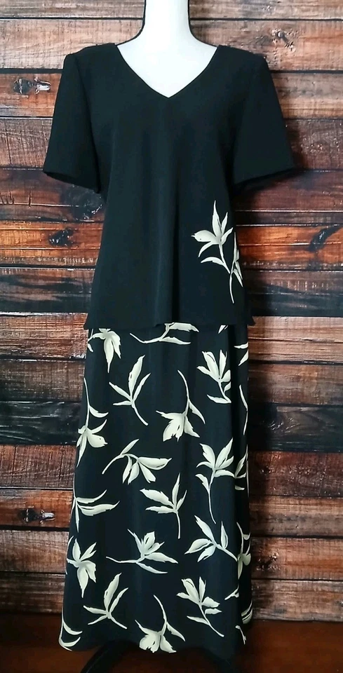 Conjunto Falda Dos Piezas Dressbarn Talla 16 Negro Floral Manga Corta Maxi Vintage Años 90 Foto 3 de 4