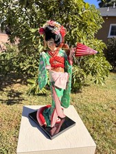 17” Japanese Geisha Doll Handcrafted Ichimatsu Ningyo, Silk Kimono, Wood Base 