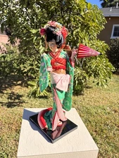 17” Japanese Geisha Doll Handcrafted Ichimatsu Ningyo, Silk Kimono, Wood Base 