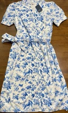 New CROWN & IVY Blue White SS Button Front Ruffle Collar Floral Belted Dress XXL