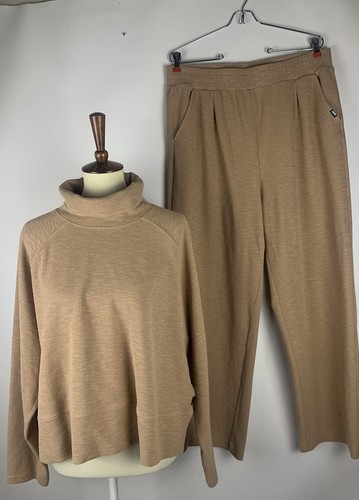 DKNY SPORTS Women's Lounge Pants Set Size Large Beige Pull on Pockets High Neck - Picture 1 of 23