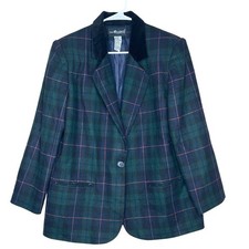 Sag Harbor Petite Vintage Plaid Wool Blend Blazer Green Blue Velvet Collar 14P