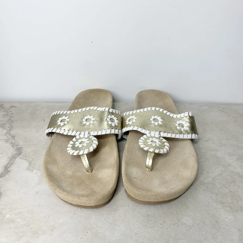Sandalias Jack Rogers Mujer Talla 9 Zapatos Tanga Chanclas Cuero Blanco Dorado Foto 2 de 4
