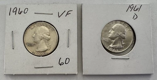 Washington Silver Circulated Quarters 1960 VF & 1961-D VF US Coins