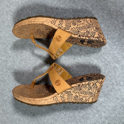 Timberland Schuhe Damen 7M hellbraun Leder Keilabsatz Sandalen Flip Flop Korkabsatz Boho