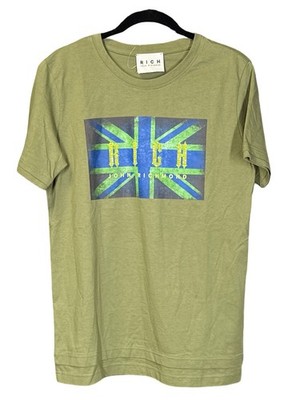 John Richmond Green Union Jack  RICH  Rhinestone Double Hem Men s T Shirt Small
