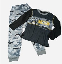 Batman Boys Long Sleeved Cuffed Pants 2 Piece Pajama Set Black Gray Camo