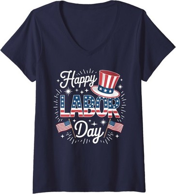 Happy Labor Day Patriotic Union Workers USA Flag Ladies' V-Neck Tshirt