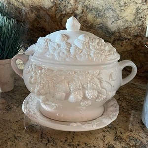 White Ceramic Grapes Pattern Soup Tureen w/ Lid, Handles & Underplate