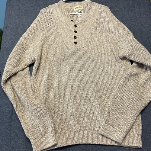 Eddie Bauer Herren Pullover Gr. XL Tall Beige Baumwolle Strick Henley Pulli