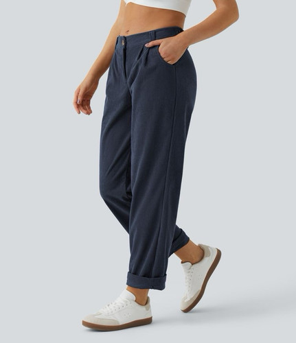 Halara High Waisted Button Zipper Corduroy Casual Pants Size 1X Blue Stretch NWT