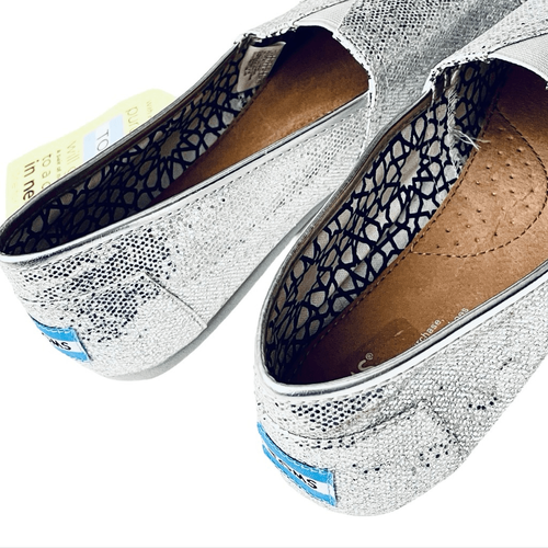 Neu mit Etikett wunderschöne flache flache Halbschuhe Toms 9,5 silber Glitzer glitzernd Alpargatas bequeme Schuhe - Bild 6 von 16