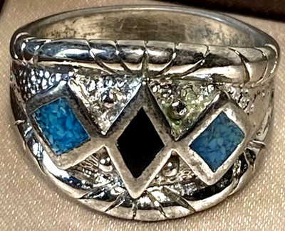 New Vintage EGE89 Silver-Tone Pewter Ring Turquoise/ Black Onyx Size 11