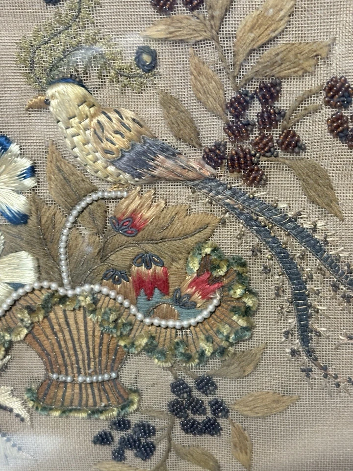 Victorian Era Silk Embroidery Lrg Framed Art Beaded Basket Bird Fruit 23” X 21” - Image 3 of 4