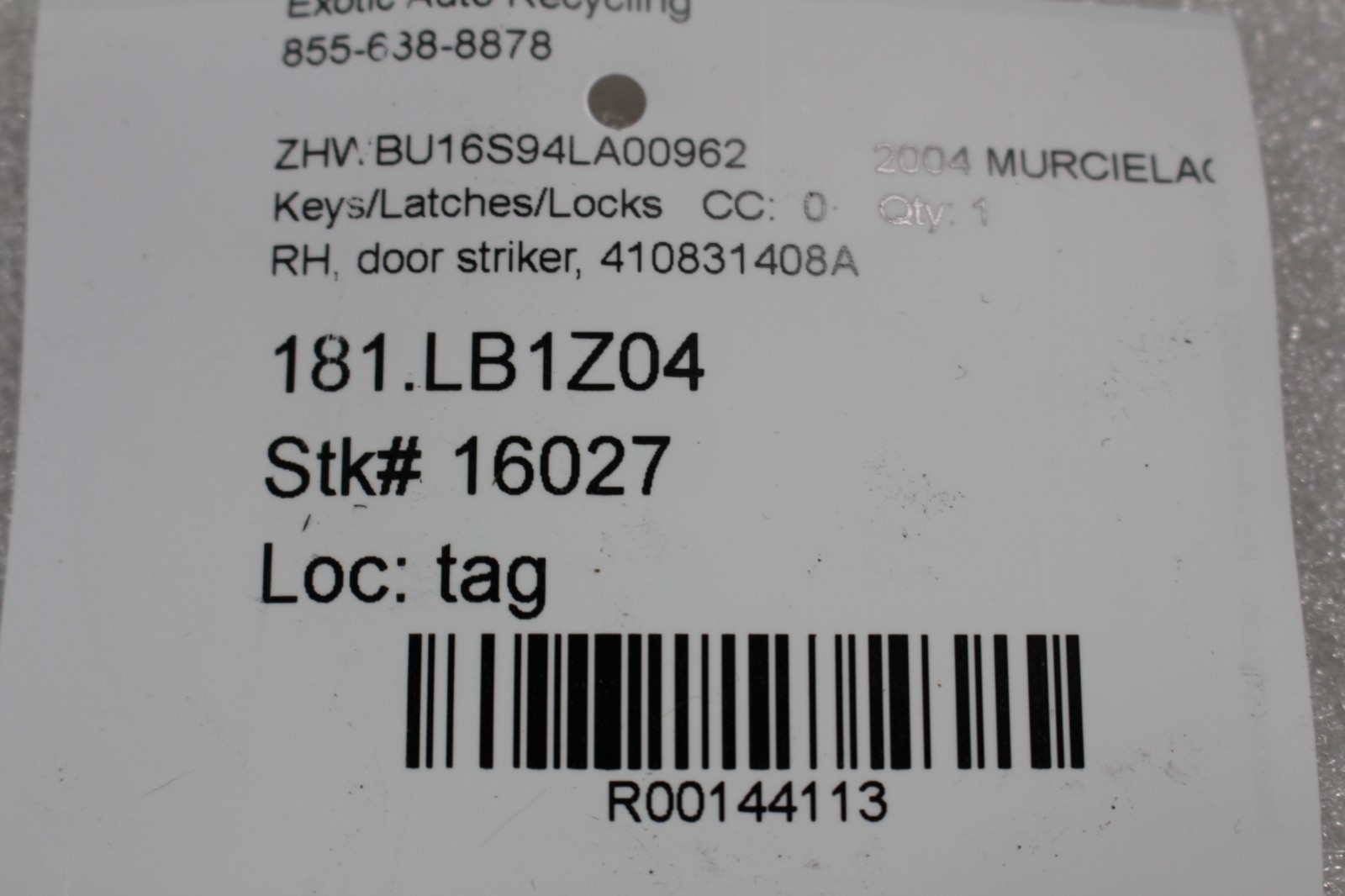 Lamborghini Murcielago, Diablo, RH, Right, Door Striker, Used, P/N 410831408A