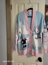 Hello Kitty Knit Women's Cardigan Sweater XLarge. Pink Blue Button-Up. V Neck.