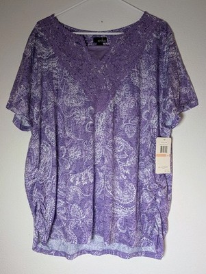 NEW Women's ERIKA Plus Size 2X Lace Trim Short Sleeve Purple Top Shirt NWT