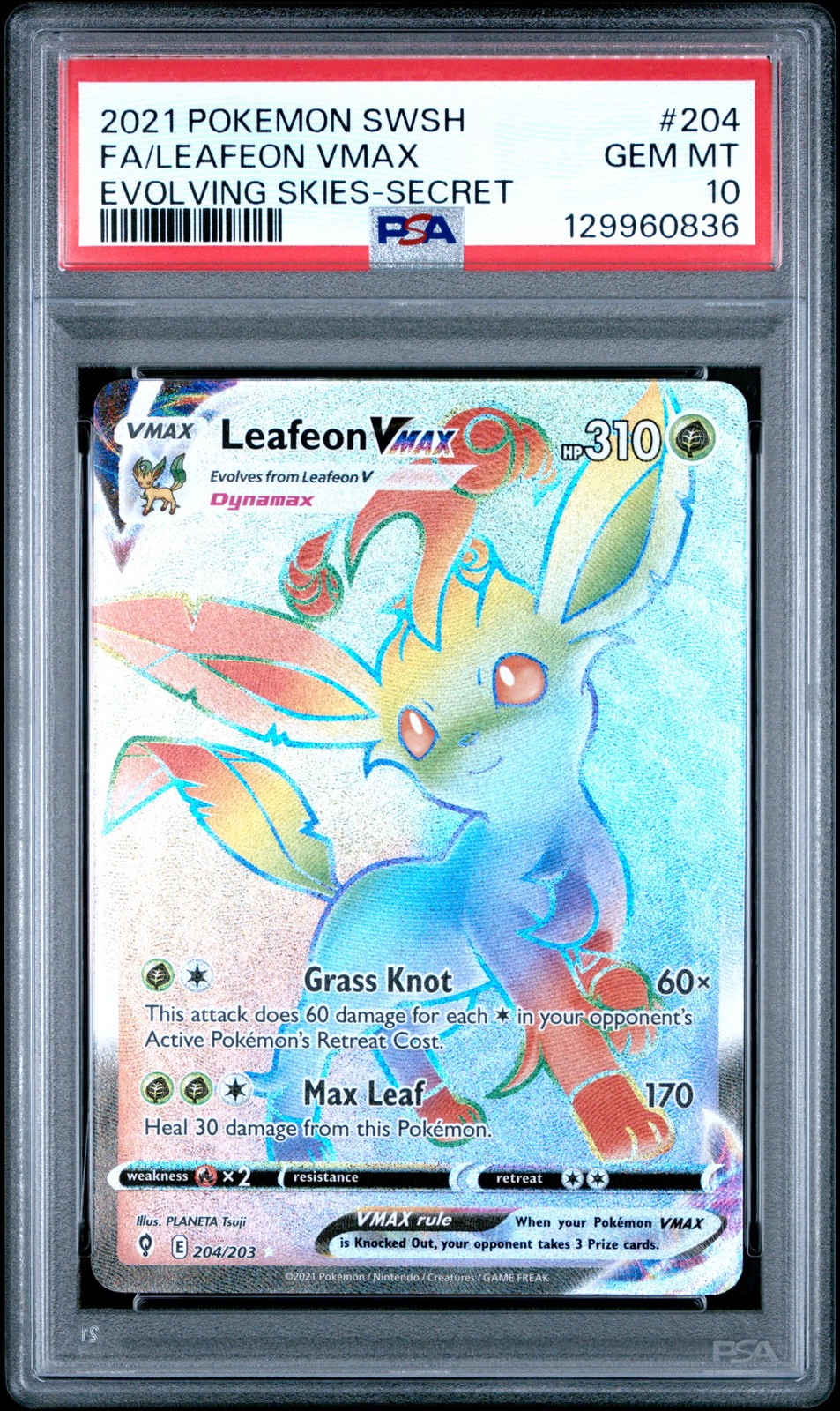 POKEMON LEAFEON VMAX 204/203 SWSH SECRET EVOLVING SKIES 2021 FULL ART PSA 10