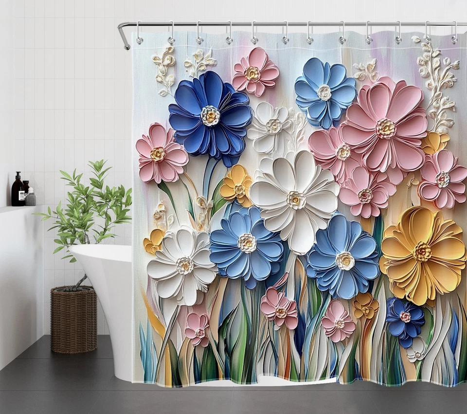 Watercolor Plant Pink and Blue Floral Shower Curtain Bathroom Accessories Set - Image 4 of 4