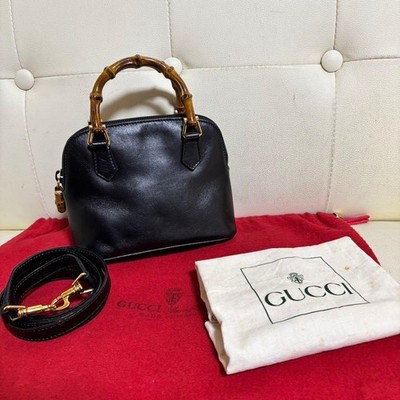 GUCCI Bamboo 2way Mini Black Leather Shoulder Crossbody Bag Vintage Authentic