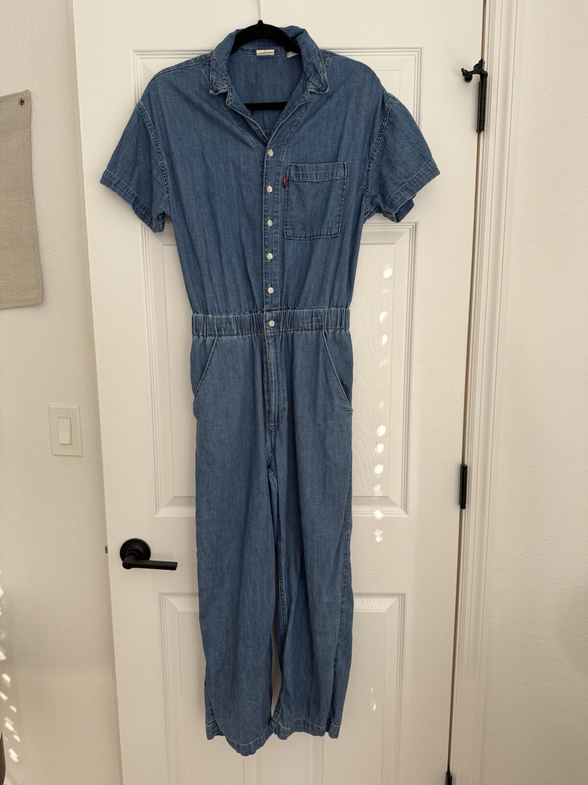 Levis Jumpsuit Womens Small Blue Chambray Denim Boiler Suit Short Sleeve Romper-image