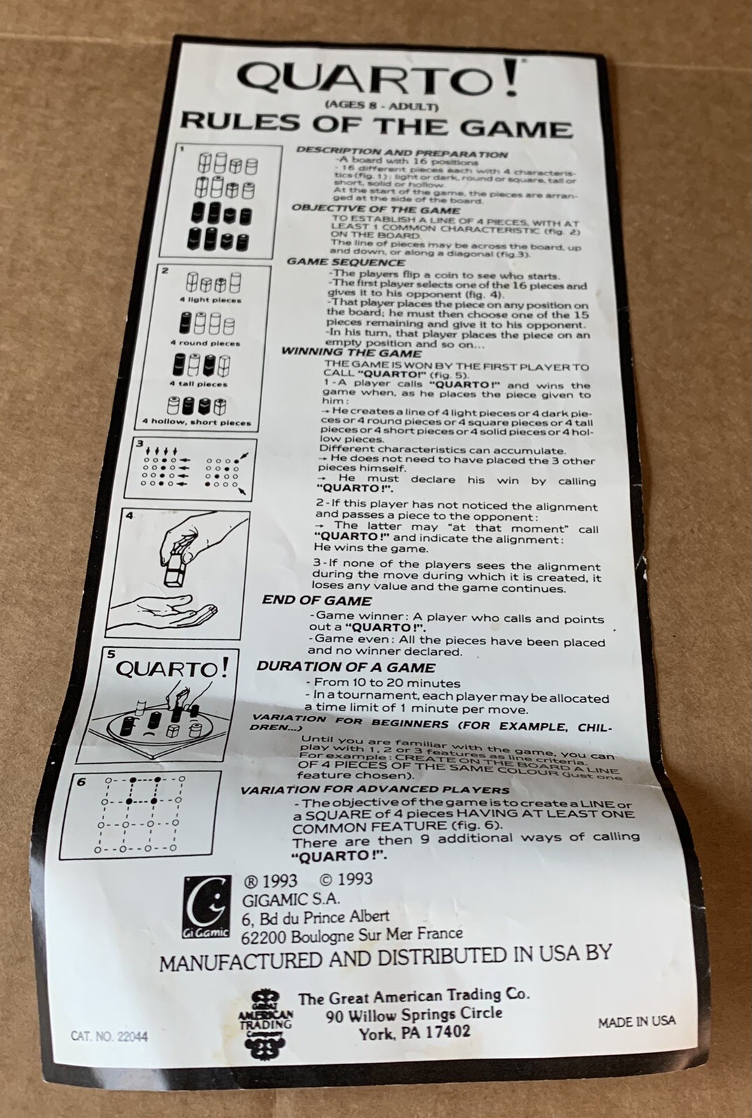 1993 QUARTO GIGAMIC MENSA BOARD GAME PART, INSTRUCTIONS SHEET PLAY RULES VINTAGE