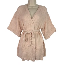 Soma Robe Peach Sz S/M Elbow Sleeve Wrap Belted Pockets Knit Waffle Soft Cozy