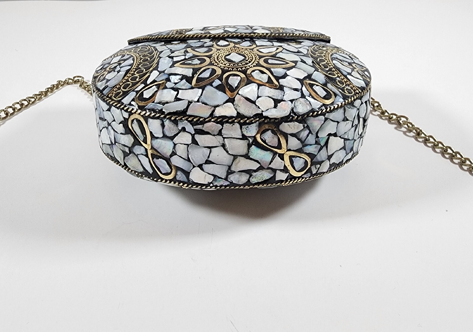 Shell Mosaic Clutch Metal Bag Ethnic Purse Gold Silver