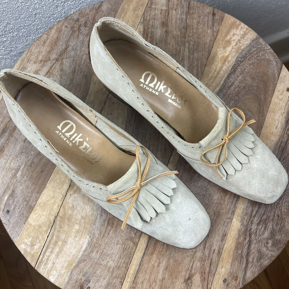Tacones con lazo vintage l 70s 7N Mikèlos Atenas gamuza bloque de madera borla preppy flecos Foto 2 de 4