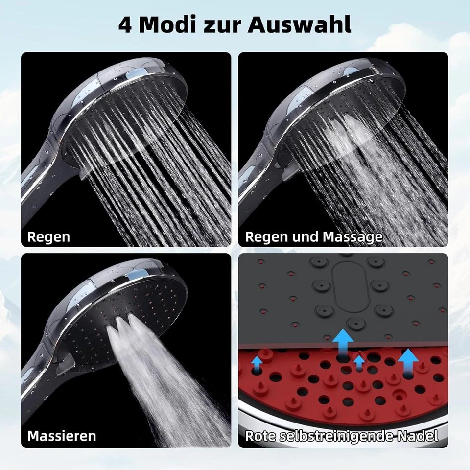Duschsystem mit Selbstreinigung 25x25cm Runde Brause Edelstahlschlauch Duschkopf - Bild 3 von 4