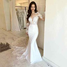 Elegant Lace Mermaid Wedding Dress Long Sleeve Appliques Corset Bridal Gown HOT