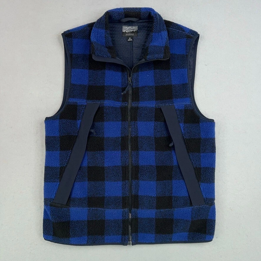 J Crew Vest Mens Medium Blue Black Buffalo Plaid Nordic Sherpa Fleece Sweater - Image 2 of 4