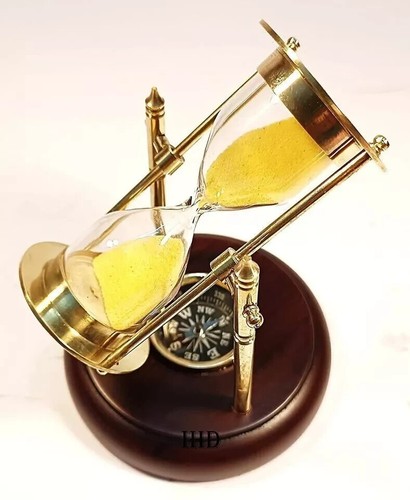 5" Sand Timer 1 Minute Glass Hourglass Compass On Wooden Base Yellow Sand Clock - 第 1/6 張圖片