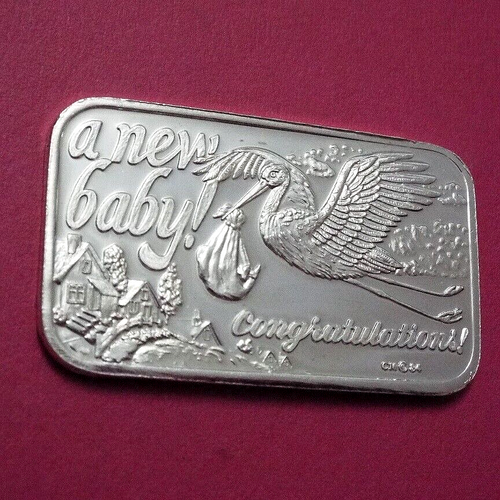 A NEW BABY 1984 - FELICITACIONES 1 OZ barra de arte de plata - cigüeña y bebé - casa - Imagen 5 de 12