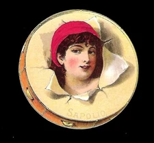 c1890's Victorian Trade Card Sapolio Enoch Morgan's Sons, Die-Cut Tambourine