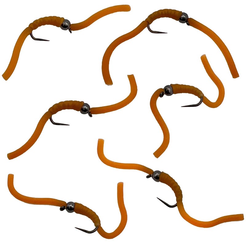 Squirmy Wormy 6 Pc, Tan Size #10 Barbless Wet Worm Trout Fly Fishing Flies S5