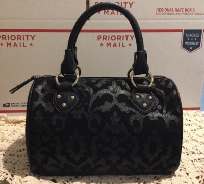  Imoshion Black Vegan Leather Speedy Satchel Handbag Damask Fleur-De-Lis Bag