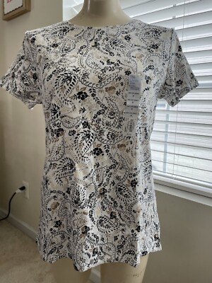 NWT croft barrow womens MEDIUM ivory brown print short sleeve Classic Tee $13