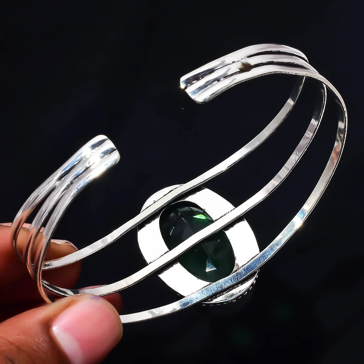 Peridot Quartz Gemstone 925 Sterling Silver Handmade Bangle Jewelry Gift For Her